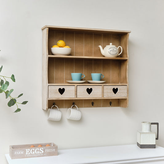 Large Rustic Wooden Wall Shelving Unit with Heart Drawers & Storage...