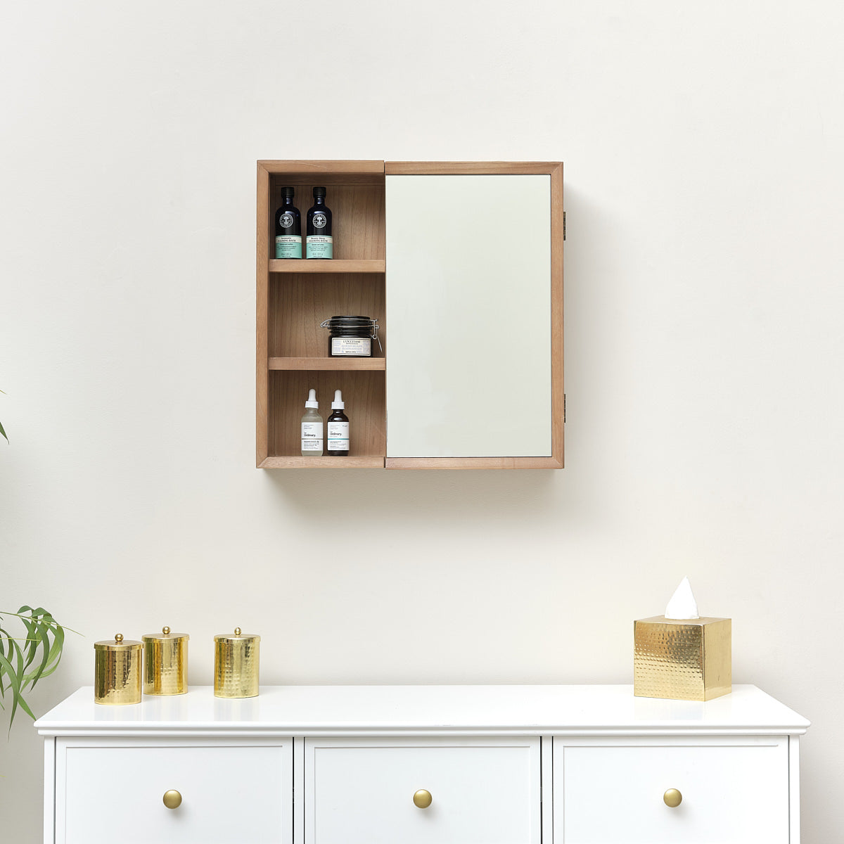 Wooden Open Shelved Mirrored Wall Cabinet 53cm x 53cm