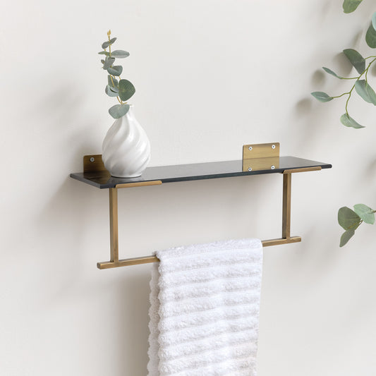 Black & Gold Glass Wall Shelf With Towel Rail