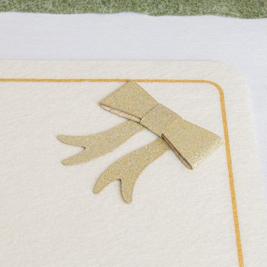 Set of 4 Felt White & Gold Rectangular Bow Detailed Placemats