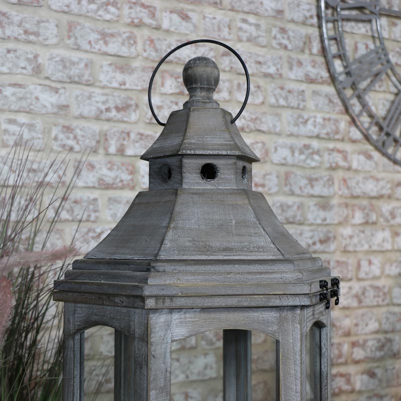 Grey Wooden Lantern Style Floor Lamp