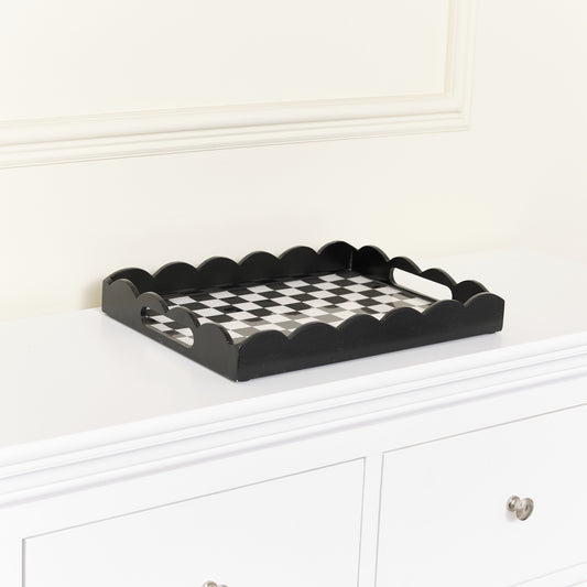 Rectangle Black Monochrome Checked Scalloped Tray