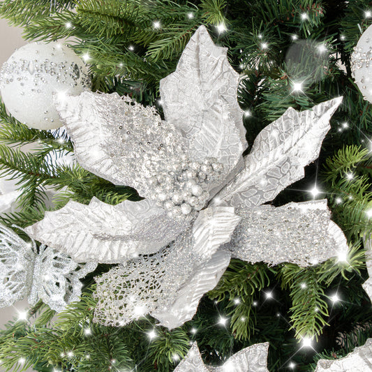 Set of 3 Silver Oil Effect Poinsettia Pick Christmas Decorations - 29cm
