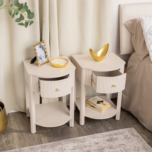Pair of Reeded One Drawer Bedside Table - Willow Taupe Grey Range
