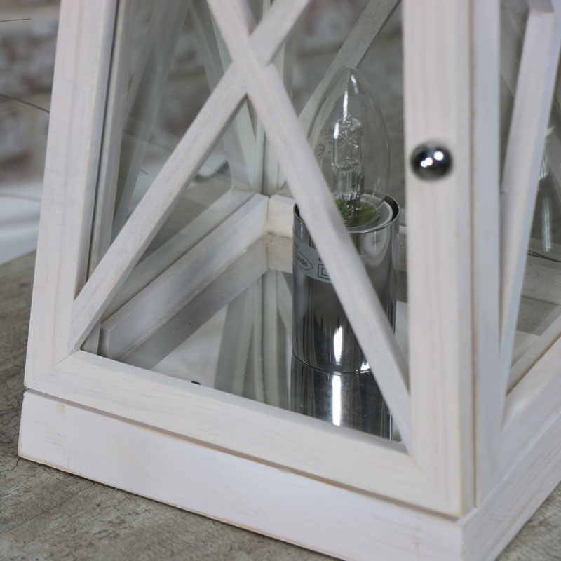 White Washed Wooden Lantern Style Table Lamp