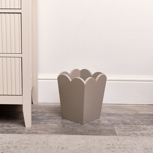 Taupe Wooden Scalloped Edge Waste Paper Bin