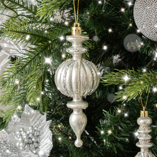 Set of 4 Champagne Silver Glitter Drop Style Christmas Baubles