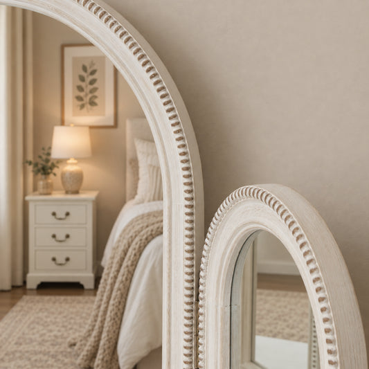 Arched White Washed Beaded Dressing Table Mirror
