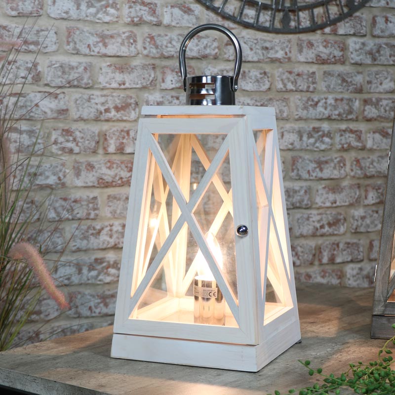 White Washed Wooden Lantern Style Table Lamp