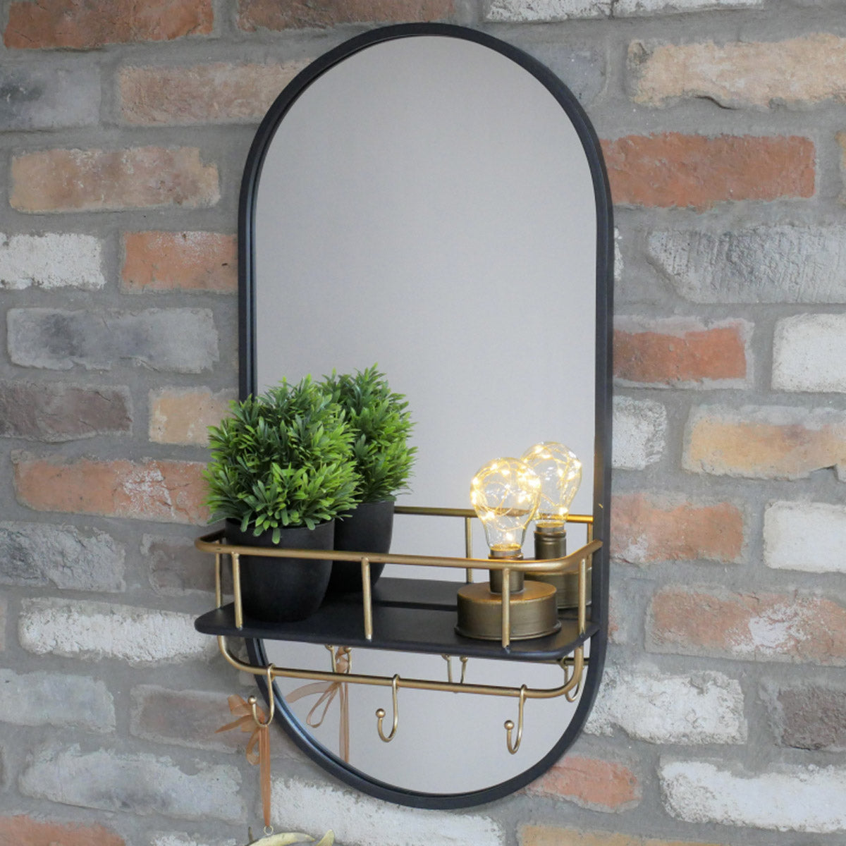 Black Oval Mirror with Shelf & Hooks 70cm x 35cm