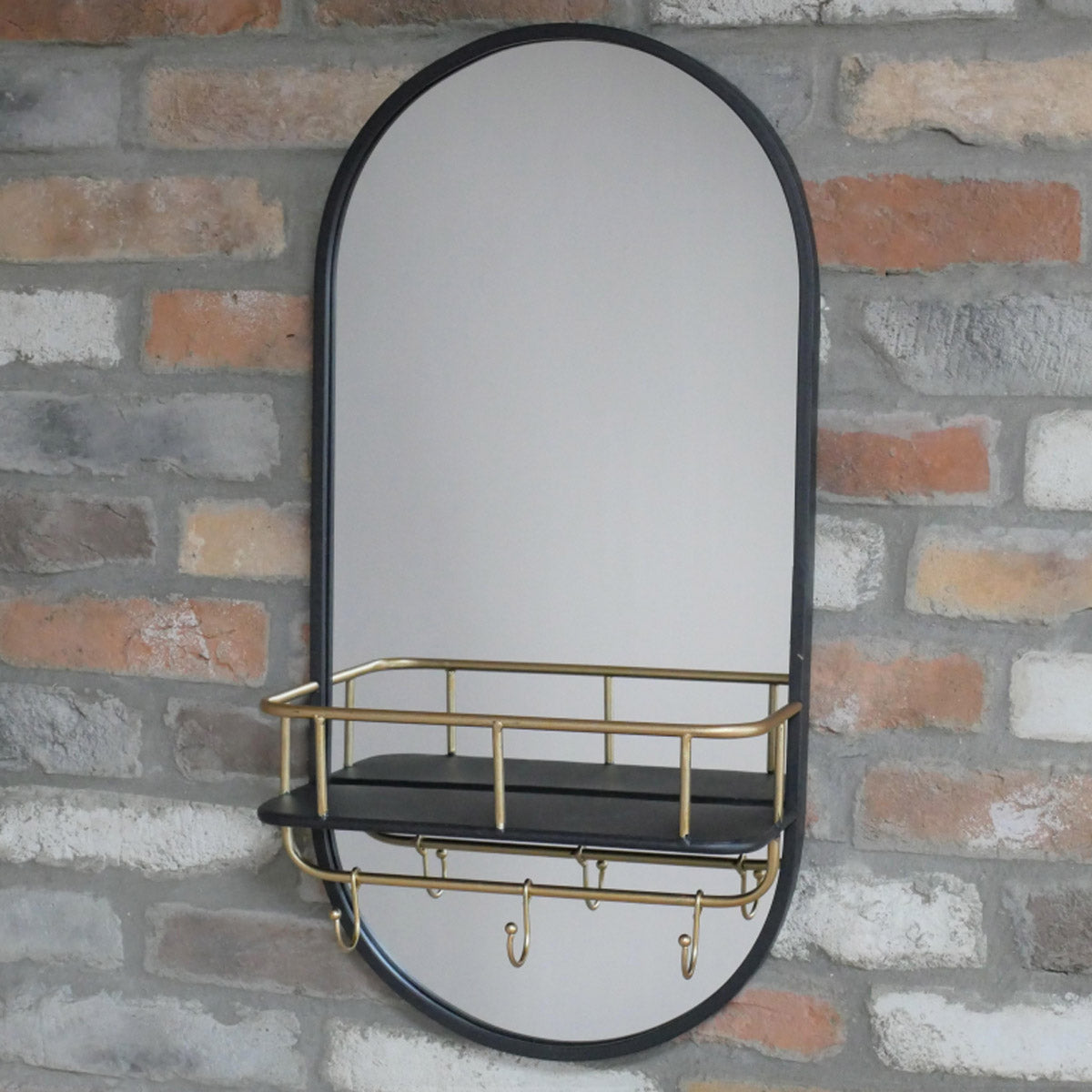 Black Oval Mirror with Shelf & Hooks 70cm x 35cm