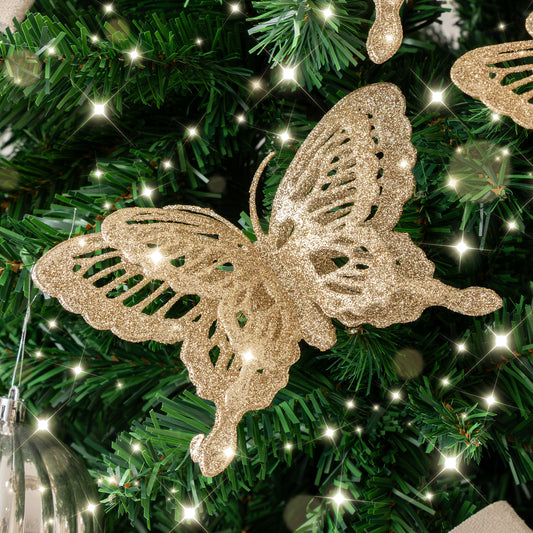 Set of 4 Champagne Gold Glitter Butterfly Christmas Decoration Clips
