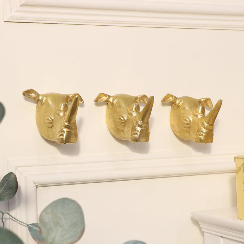 Melody Maison - Set of 3 Gold Rhino Wall Hooks - Gold
