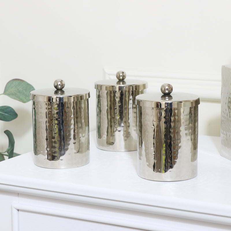 Set of 3 Hammered Silver Metal Jars