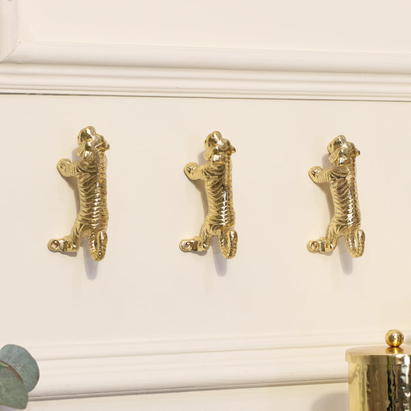 Set of 3 Gold Tiger Wall Hooks