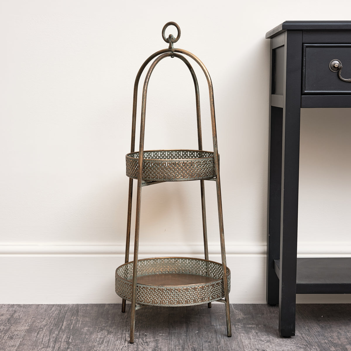 two tier freestanding shelf in antique gold