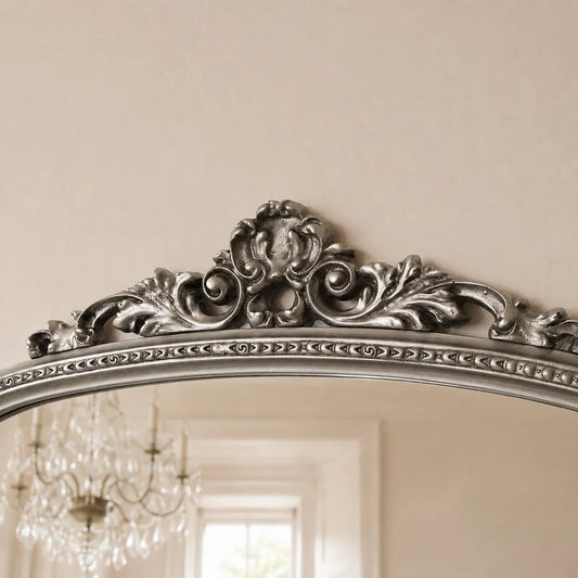 Antique Silver Ornate Arch Overmantle Mirror - 88cm x 100cm