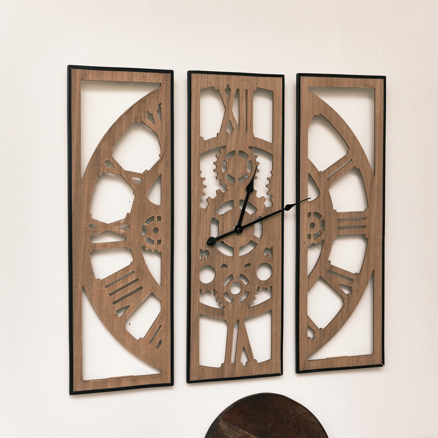 Large Square 3 Part Wooden Skeleton Wall Clock