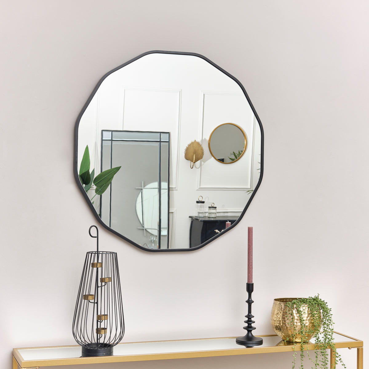 Large Round Black Scalloped Wall Mirror 90cm x 90cm