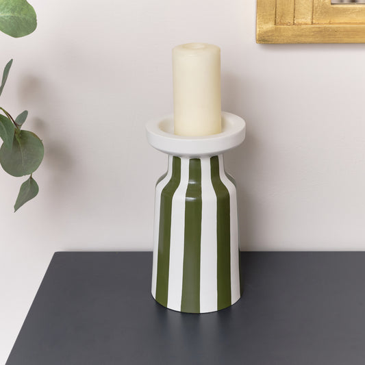 Large Dark Green Striped Pillar Candle Holder - 28cm