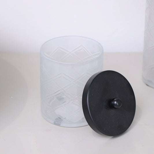 White Patterned Glass Bathroom Canister with Black Lid