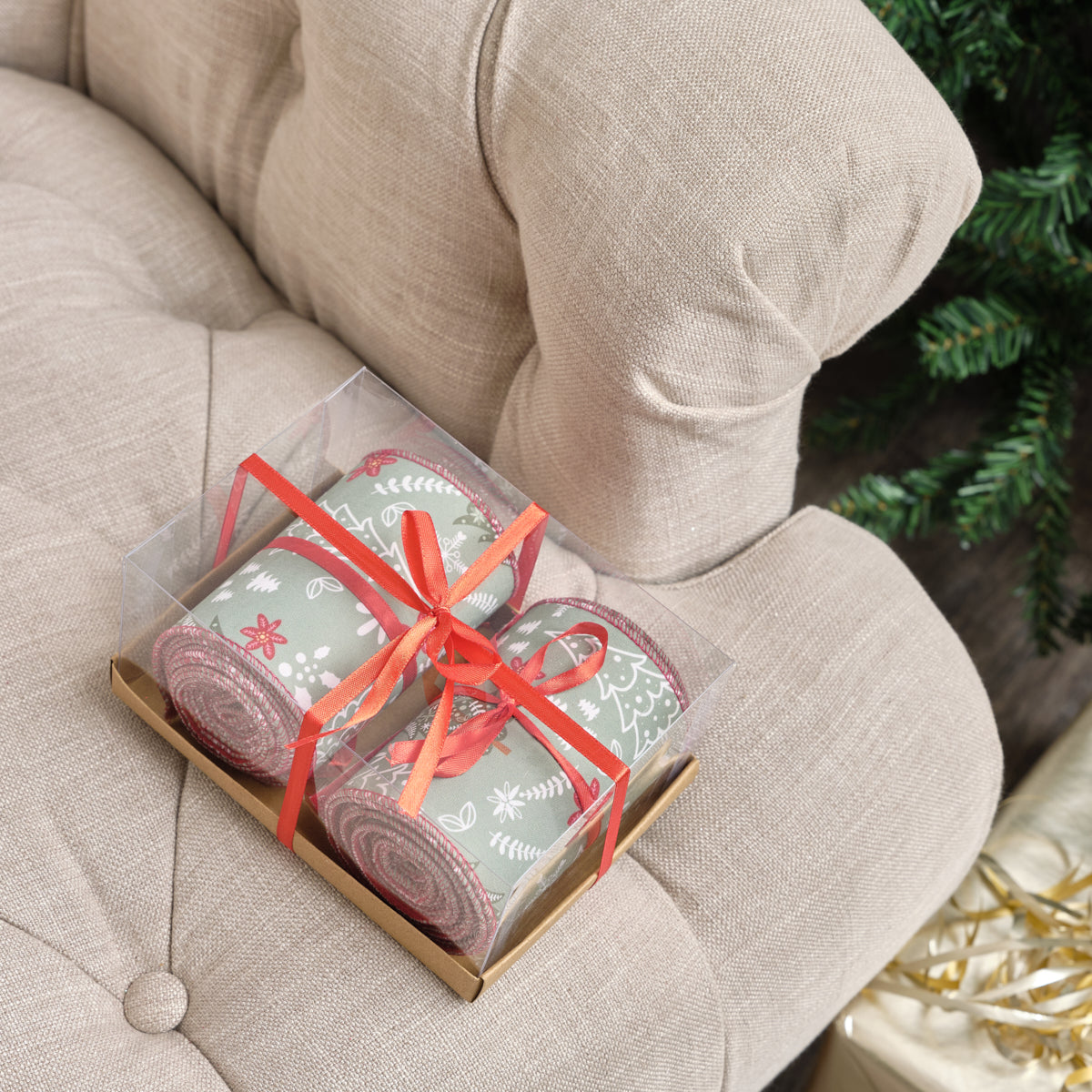 Green Christmas Tree Detailed Fabric Tree Ribbon - 270cm