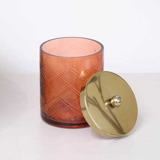 Rust Orange Patterned Glass Bathroom Canister with Gold Lid