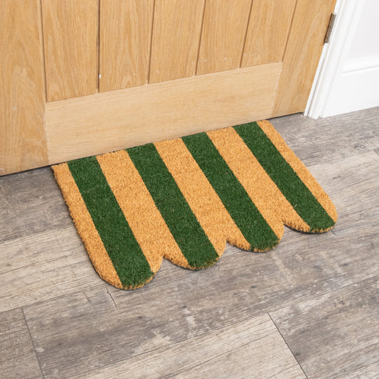 Rectangular Green & Natural Striped Doormat with Scallop Edge