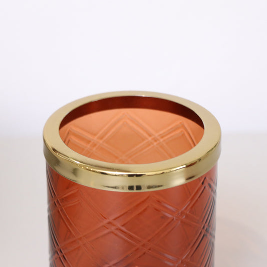 Rust Orange Patterned Glass Bathroom Tumbler with Gold Rim