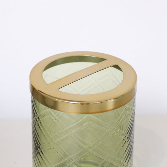 Green Patterned Glass Toothbrush Holder with Gold Rim