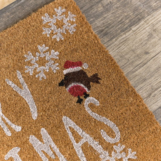 Merry Christmas Robin Detail PVC Backed Coir Doormat 60cm x 40cm