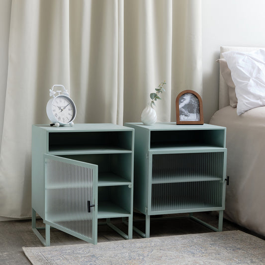 Pair of Pale Blue Reeded Glass Bedside Tables
