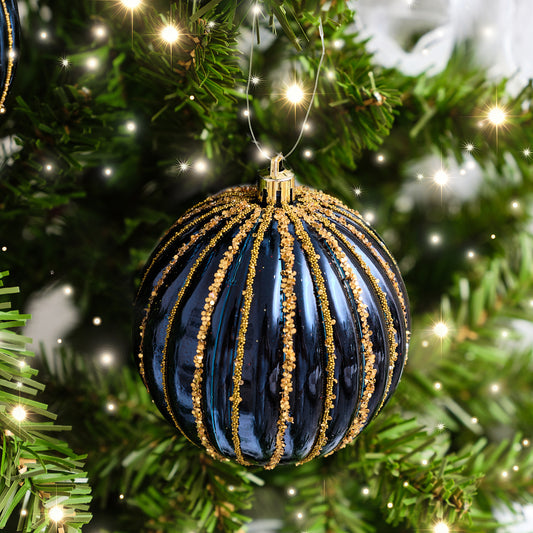 Set of 2 Blue Glitter Striped Reeded Hanging Baubles - 8cm