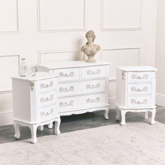 Antique White 4 Drawer Chest of Drawer & Pair of 3 Drawer Bedside Tables - Pays Blanc Range
