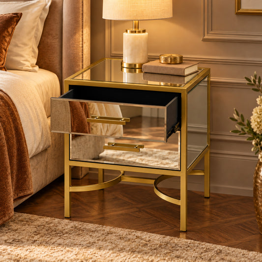 Gold Mirrored 2 Drawer Bedside Table - Venus Range