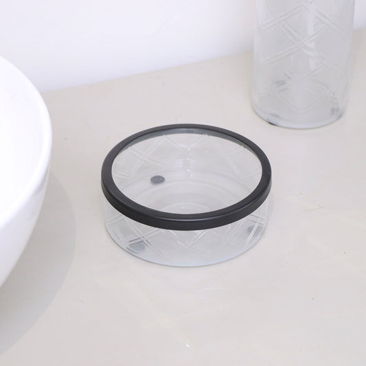 White Patterned Glass Soap Dish with Black Rim