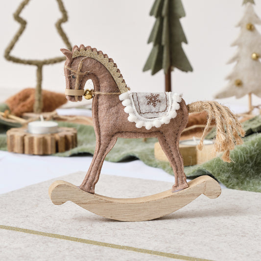 Neutral Brown Felt Standing Rocking Horse Decoration - 16cm