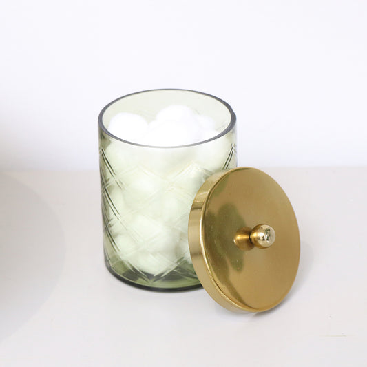 Green Patterned Glass Bathroom Canister with Gold Lid