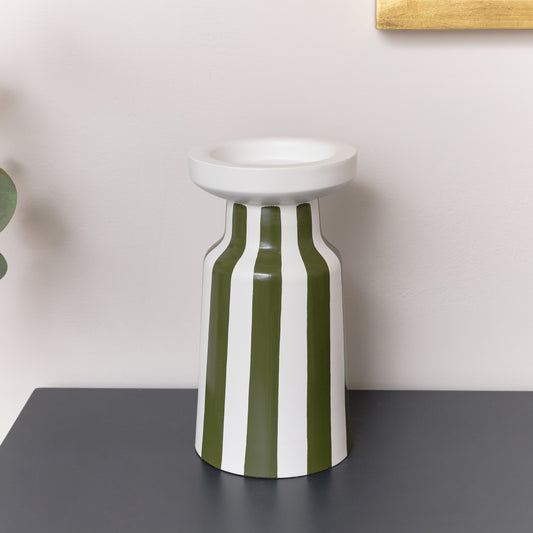 Large Dark Green Striped Pillar Candle Holder - 28cm