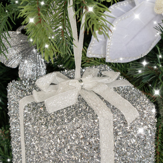 Set Of 3 Silver Tinsel & White Ribbon Christmas Present Tree Decorations