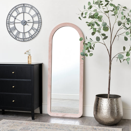 Tall Baby Pink Velvet Arched Frame Wall Mirror 54cm x 142cm