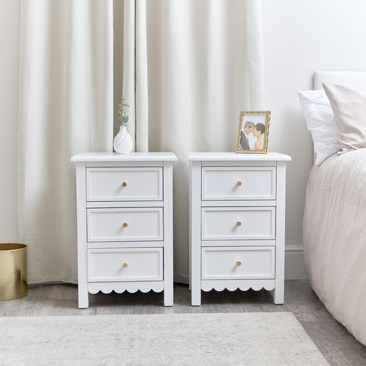 Pair of Scalloped 3 Drawer Bedside Tables - Staunton White Range