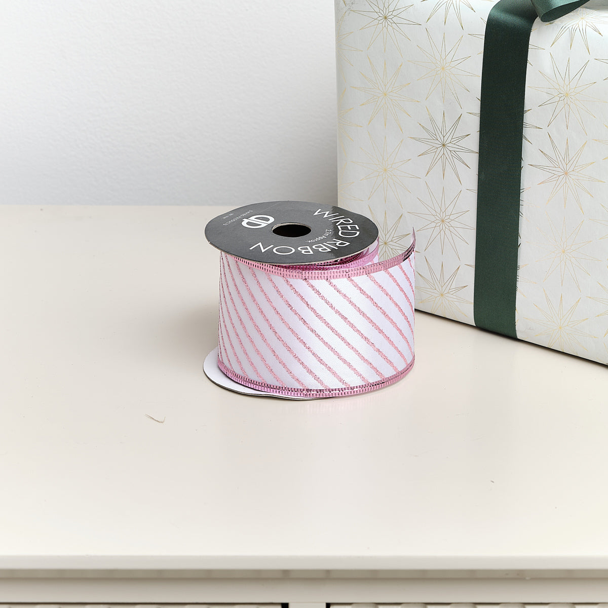 Large Pink & White Diagonal Striped Wired Ribbon Garland - 270m