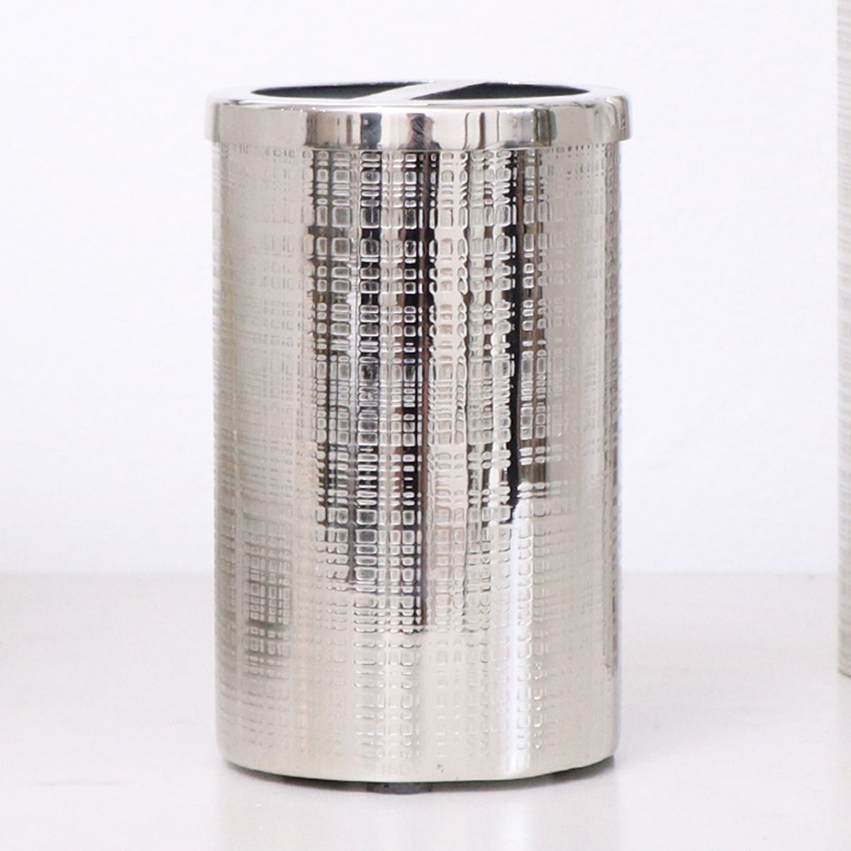 Silver Textured Metal Toothbrush Holder