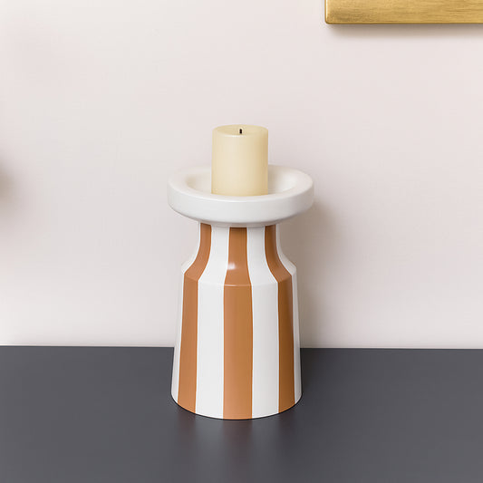 Burnt Orange Striped Pillar Candle Holder - 18cm