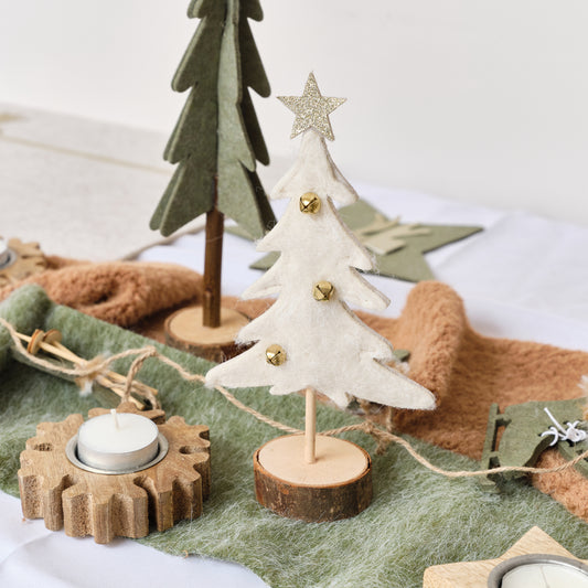 Cream Felt Standing Tree Decoration With Bells - 21.5cm