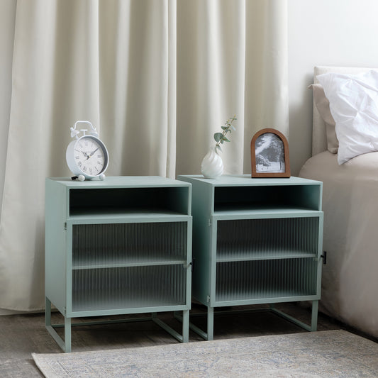 Pair of Pale Blue Reeded Glass Bedside Tables