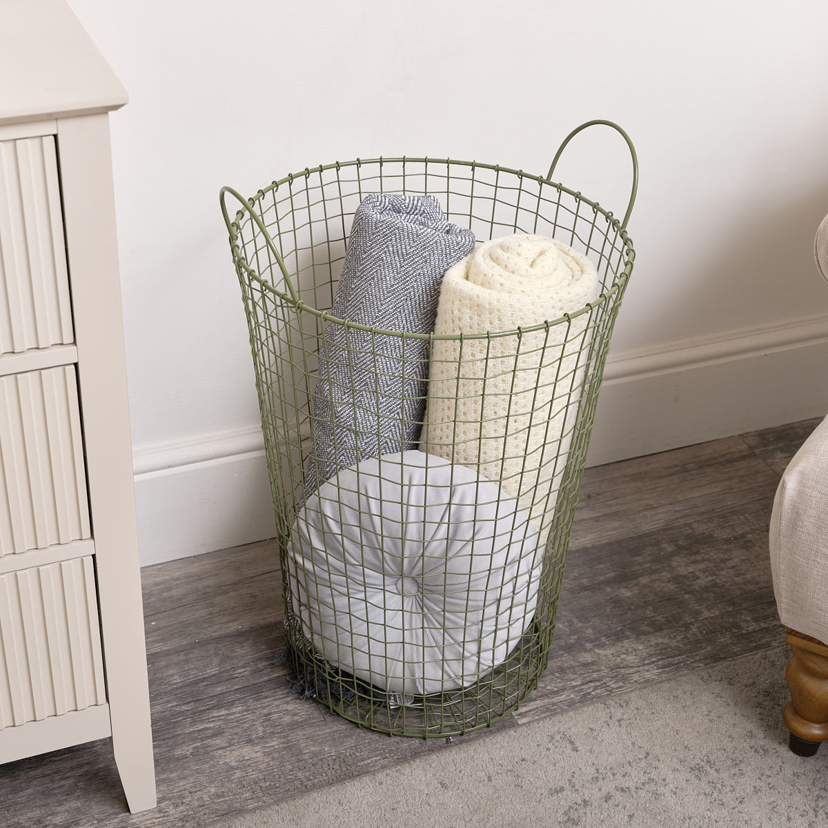 Large Olive Green Metal Wire Storage Laundry Basket