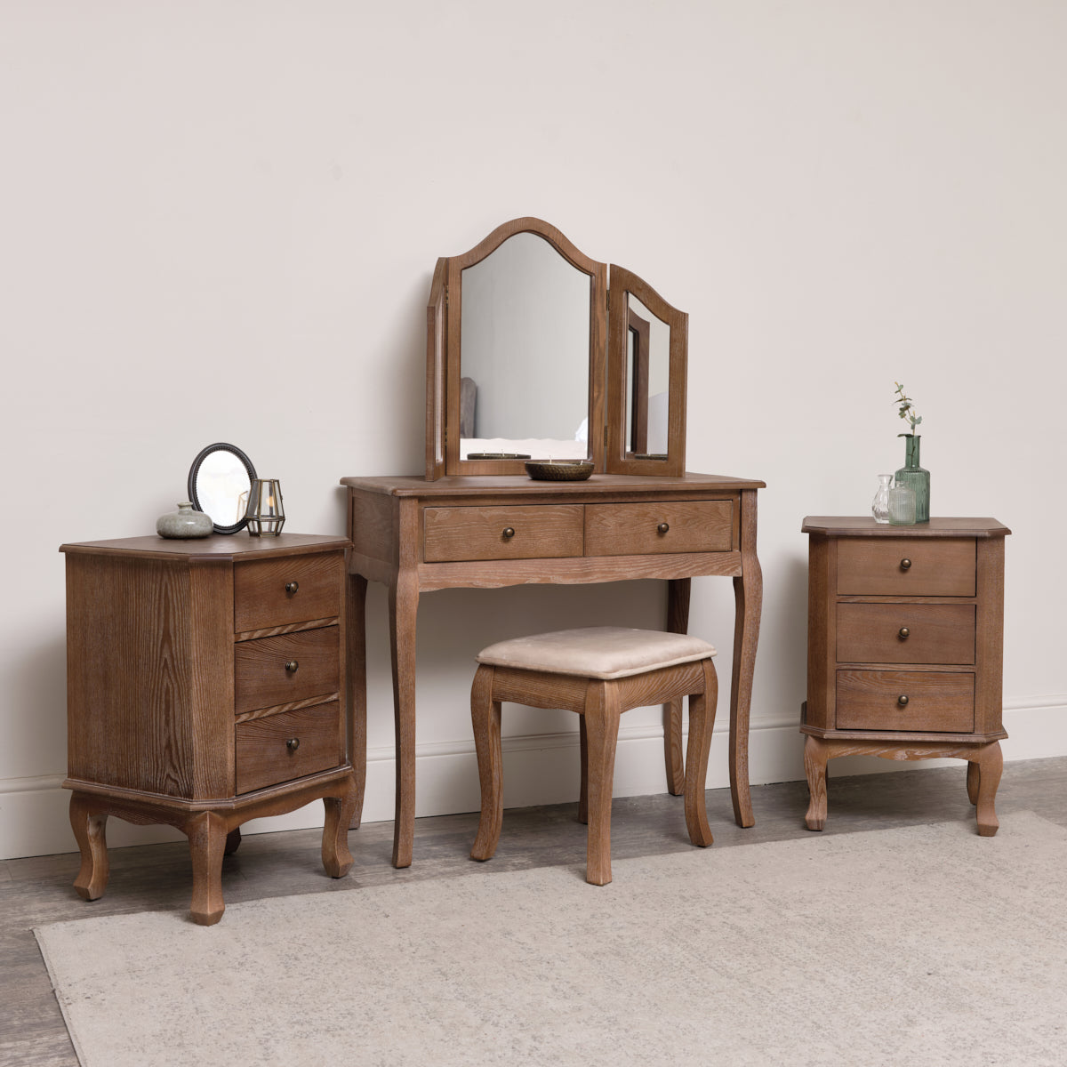 Dark Wood Dressing Table Desk with Triple Mirror, Stool and Pair