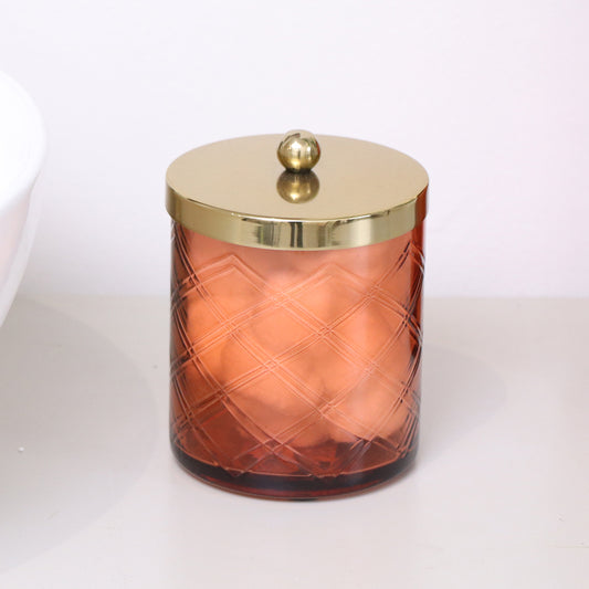 Rust Orange Patterned Glass Bathroom Canister with Gold Lid